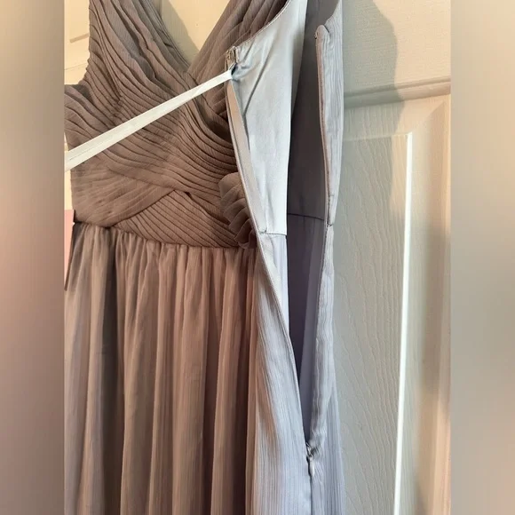 NWT BHLDN Anthro XL Kia Sleeveless Maxi Bridesmaid Dress Fog Chiffon VNeck  Ruche